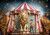 extra large furniture transfer rice paper A2 circus lion on pedestal with ringmaster boy, retro tent awning and starry backdrop mirrored option