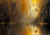 Quiet bird on bare branch over reflective water, soft abstract background in warm ochre and charcoal, beWhimsy