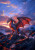 Red dragon with glowing wings over lava mountains