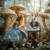 beWhimsy extra large decoupage paper rice paper A3 Alice and White Rabbit tea party surrounded by giant toadstools, fantasy woodland atmosphere mirrored option