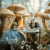 beWhimsy extra large decoupage paper rice paper A1 Alice and White Rabbit tea table in fantasy mushroom forest, blue gown and ornate teapot set mirrored option
