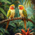 beWhimsy extra large furniture transfer rice paper A0 two tropical parrots perched on jungle branch with bright orange yellow green plumage and rainforest foliage mirrored option