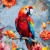 beWhimsy A3 furniture transfer vivid scarlet macaw perched on branch with bright botanical elements blue artistic background mirrored option