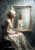 A blonde woman holding a small floral sprig, her reflection in a heavy vintage frame appearing blurred and hauntingly separate from her physical form.