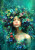 Layered digital art with vertical paint drips and textured greens, showcasing a central floral muse for furniture sets.