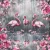 A high-contrast digital painting of three pink flamingos wading in water with clean reflections, framed by large pink flowers against a gray paint-dripped background.