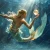 A high-contrast digital painting of a blonde mermaid swimming underwater, holding a glowing golden orb with light beams piercing dark teal water.