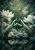 Muted emerald green, deep teal, and pale sage foliage contrasted against large, bright white lotus blossoms with subtle gold centers.