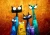 Vibrant teal, deep blue, purple, and yellow cats contrasting sharply against a rich, warm amber and fiery orange gradient background.