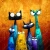 A high-contrast illustration of six quirky, long-necked cats with wide, expressive eyes standing together against a textured golden-orange background with subtle floral
