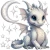 A layout chart of the Dream Guardian fabric decal sheet on a white background, featuring the baby dragon, moon, and stars. Text in the upper left corner lists the exact sheet dimensions for Small, Medium, and Large size options.
