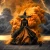 Ancient volcanic witch standing before swirling orange ash clouds beneath dramatic lightning in a dark fantasy landscape.