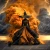 Dark fantasy witch artwork with towering orange volcanic clouds, dramatic lightning and elegant flowing robes for furniture d