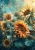 Sunflower furniture decoupage paper with warm amber and golden yellow blooms, weathered blue-green tones and botanical foliage.