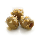 A picture of our Garlic Aglio Green Pitted Olives.