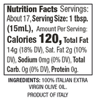 Nutritional facts for Extra Virgin Olive Oil.