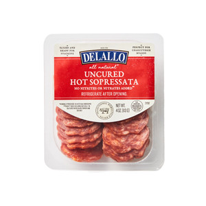 Our Hot Sopressata meat slices in their convenient party-ready packaging.
