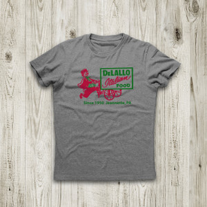 Gray t-shirt with red and green DeLallo Italian Food logo Gray t-shirt with red and green DeLallo Italian Food logo