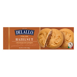 A box of DeLallo Hazelnut Cream Filled cookies. A box of DeLallo Hazelnut Cream Filled cookies.