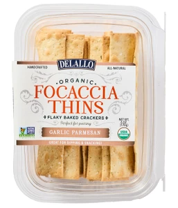 Top View of DeLallo Organic Focaccia Thins Garlic Parmesan.