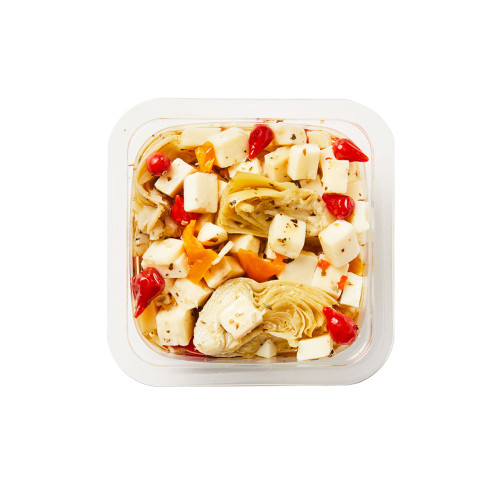 Open view of our Asiago Artichokes and Pepper Salad.