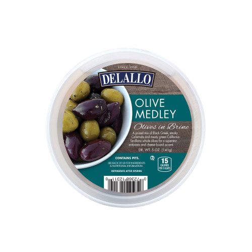 A picture of the top of our DeLallo Olive Medley Cup in brine.