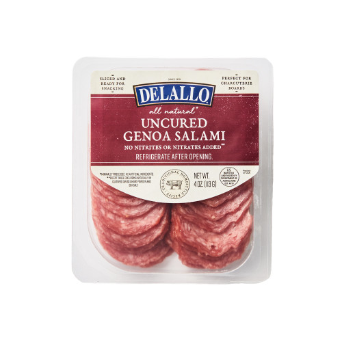 Our Genoa Salami meat slices in their convenient part-ready packaging.