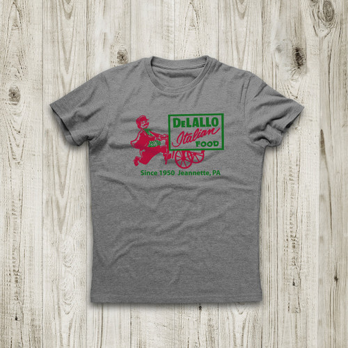 Gray t-shirt with red and green DeLallo Italian Food logo