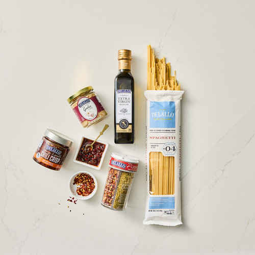 Assorted DeLallo pasta chili crisp ingredient products