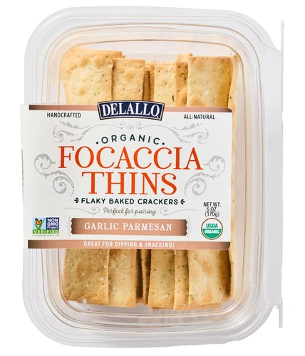 Top View of DeLallo Organic Focaccia Thins Garlic Parmesan.