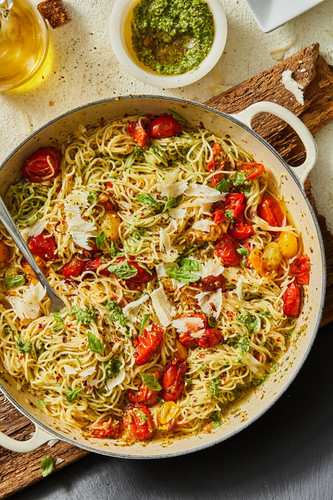 Angel Hair Pasta with Pesto and Cherry Tomatoes