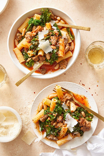 Beans & Greens Pasta With Spicy Italian Sausage & Passata