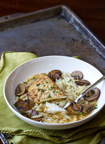 Brown Butter Halibut Orzo and Mushroom Broth Brown Butter Halibut Orzo and Mushroom Broth