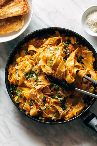 Burst Tomato Pappardelle with Zucchini, Sweet Corn and Pan-Fried Chicken Burst Tomato Pappardelle with Zucchini, Sweet Corn and Pan-Fried Chicken