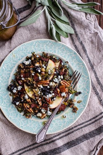 Caramelized Brussels Sprout Salad W/Blue Cheese, Bacon + Caramel Apple Vinaigrette. Caramelized Brussels Sprout Salad W/Blue Cheese, Bacon + Caramel Apple Vinaigrette.