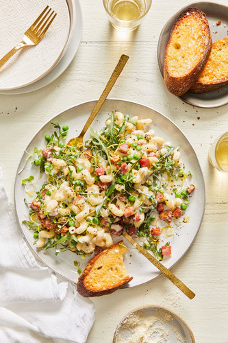 Cavatappi with Peas, Pancetta and Goat Cheese