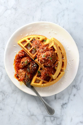 Cheesy Polenta Waffles With Pomodoro Fresco And Meatballs