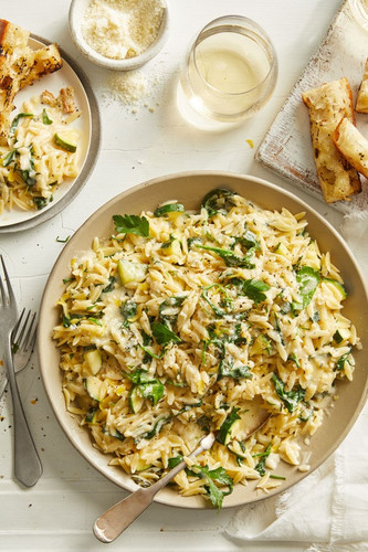 Creamy, Cheesy Orzo with Zucchini and Spinach