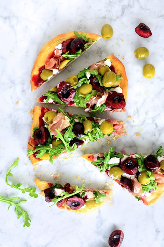 Easy Goat Cheese & Prosciutto Pizza with Arugula & Sour Cherry