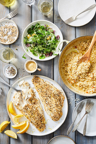 Everything Bagel Encrusted Red Snapper With Risotto