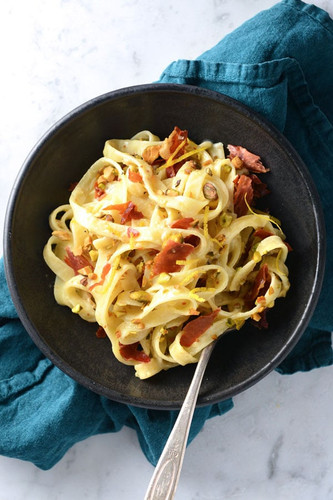 Figgy Tagliatelle Pasta with Goat Cheese & Prosciutto Figgy Tagliatelle Pasta with Goat Cheese & Prosciutto