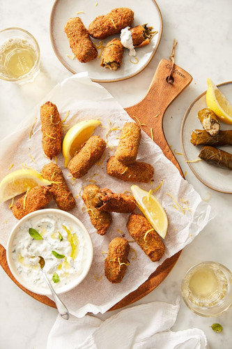 Fried Stuffed Grape Leaves with Yogurt Mint Dipping Sauce Fried Stuffed Grape Leaves with Yogurt Mint Dipping Sauce