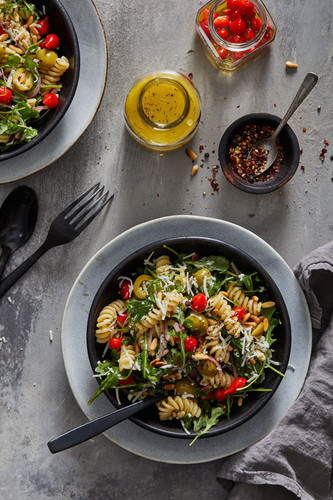 Fusilli Pasta Salad with Olives, Pepper Drops, and Dijon Vinaigrette