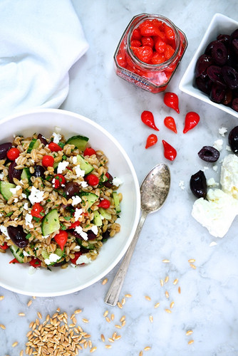 Greek Farro Salad with Calamata Olives & Pepper Drops Greek Farro Salad with Calamata Olives & Pepper Drops