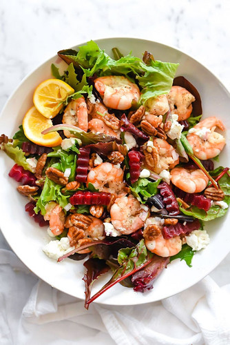 Green Salad With Shrimp, Beets, Sweet Pecans And Goat Cheese Green Salad With Shrimp, Beets, Sweet Pecans And Goat Cheese