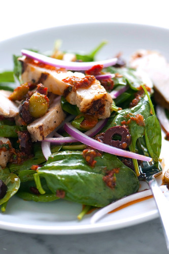 Grilled Chicken Spinach Salad with Olive Pesto Dressing
