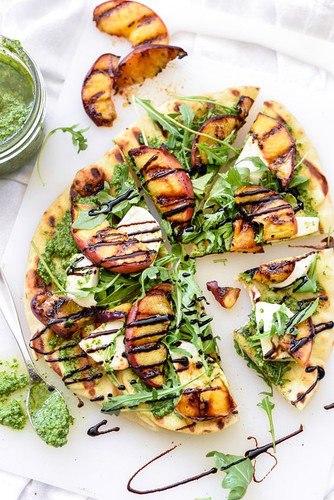 Grilled Flatbread With Peaches And Arugula Pesto Grilled Flatbread With Peaches And Arugula Pesto