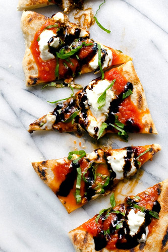 Grilled Flatbread with Pomodoro, Goat Cheese, Basil & Balsamic