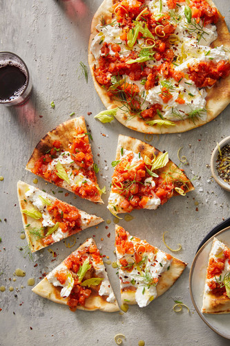 Grilled Flatbread with Tomato Bruschetta and Burrata