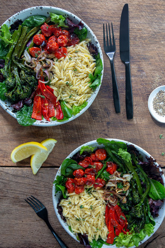 Mixed Greens and Roasted Vegetable Orzo Bowl with Lemon Vinaigrette